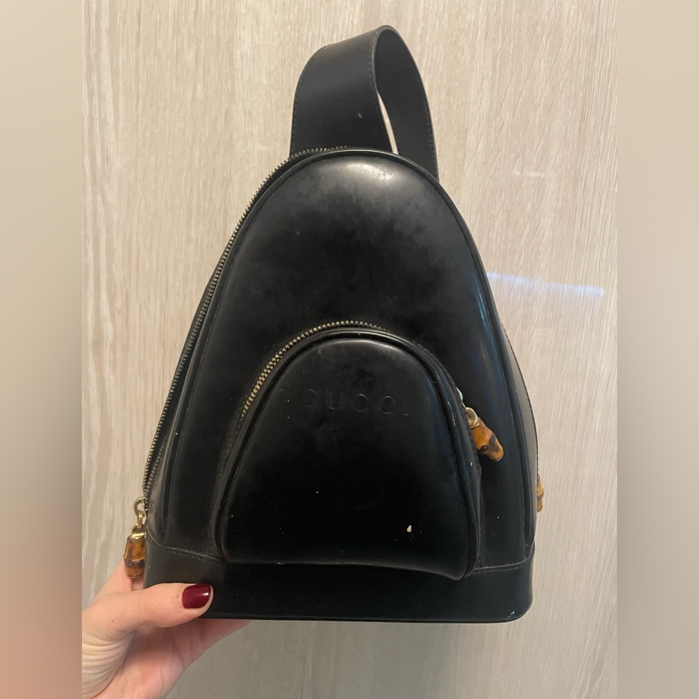 Gucci Vintage Bamboo Patent Leather Backpack in Black